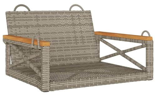 XHNIFBN Hängesessel Grau 63x62x40 cm Poly Rattan mit Akazienholzbank und Stahlrahmen, platzsparende Schaukelbank für Balkon und Garten, Robustes Material für Outdoor Nutzung