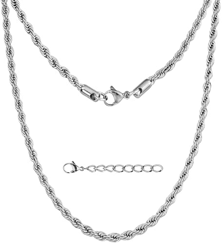 Silvadore 4mm Silver ROPE Chain for Women Men Necklace - Stainless Steel Strong Solid Diamond-Cut Twist Links - Cool Mens Jewellery Gift - 46cm / 18 inch