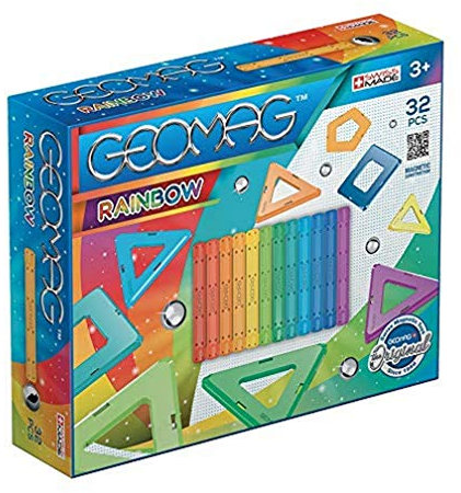GEOMAG - CLASSIC RAINBOW - 32 Stück - Magnetische Bausteine für Kinder ab 3 Jahren - Hergestellt in der Schweiz - Bunte Bausteine mit 12 Stäben, 9 Kugeln, 11 Platten - Magnetisches STEM-Spielzeug