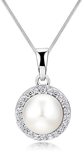 MATERIA Damen Kettenanhänger Perle weiß mit Zirkonia aus 925 Sterling-Silber wahlweise mit Kette rhodiniert