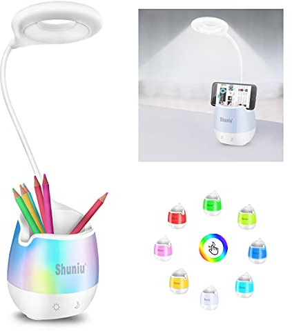 Schreibtischlampe für Kinder, 20 LED Dimmbare Tischlampe mit 3 Helligkeitsstufen, 256 Farblicht RGB Bettlampe & Leselampe, Schreibtischleuchte mit Handyhalter Nachtlicht für Arbeiten Studieren