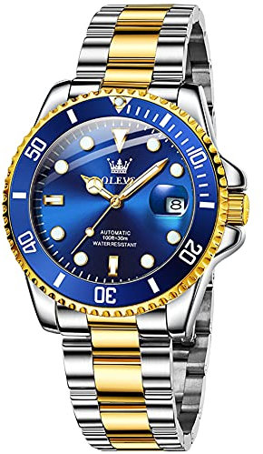 Herren Automatik Uhren, Mechanische Edelstahl Saphir Kleid Selbstaufziehende Armbanduhr, Luxus Unidirektionale drehbare Lünette Wasserdicht Leuchtende Analoge Uhren