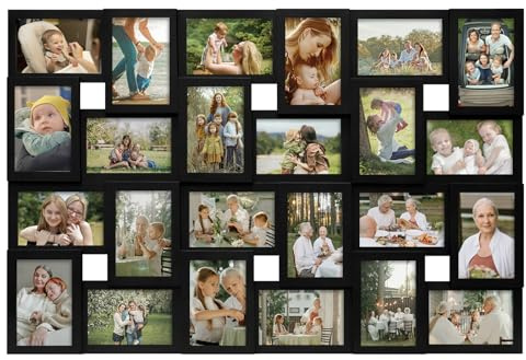 J.M.Deco Collage Picture Frames for Wall 24 Slots, Large Photo Frame Gallery Puzzle Collage Wall Hanging for 4x6 Photo, Reunion Friends Family Memory - Black