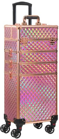 Rolling Train Case 4-in-1 Portable Makeup Train Case Professional Cosmetic Organizer Makeup Traveling case Trolley Cart Trunk, colorful gold, Central Hardside Expandable Luggage With Spinner Wheels