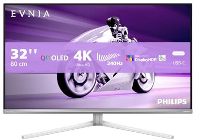 PHILIPS Evnia 32M2N8900AM - Monitor da gioco OLED UHD da 32 pollici, 240 Hz, 0,03 ms, HDR400, FreeSync Prem. Pro, G-Sync comp. (3840x2160, 2x HDMI 2.1, 1x DP 1.4, 1x USB-C (65 W PD), hub USB) bianco