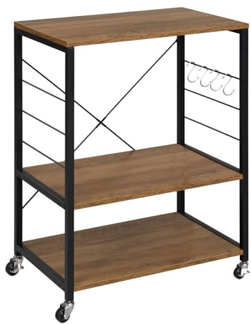 WOLTU Küchenregal auf Rollen, Mikrowellen-Regal mit 3 Ablagen & 4 Haken, dreistufiger Servierwagen mit Metallrahmen, Mikrowellenhalter, Rustikales Braun + Schwarz, 60x40x82,5 cm