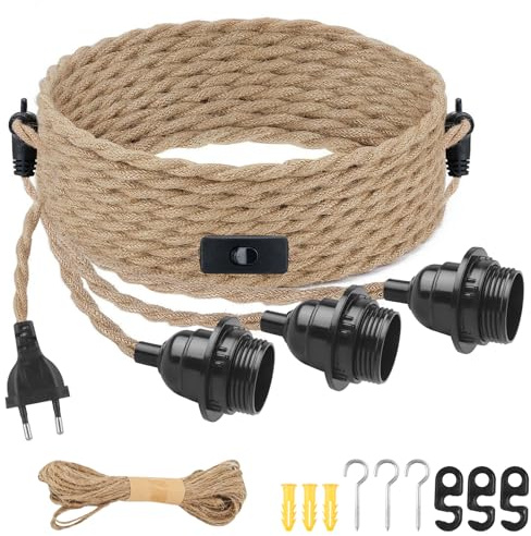 JaneYi Lustre Corde Suspension Vintage en Corde de Chanvre à 3 Douilles E27 avec Interrupteur Suspension Luminaire Industrielle Rétro Lustre Cordelette pour Cuisine Bar Chambre Loft - Sans Ampoule