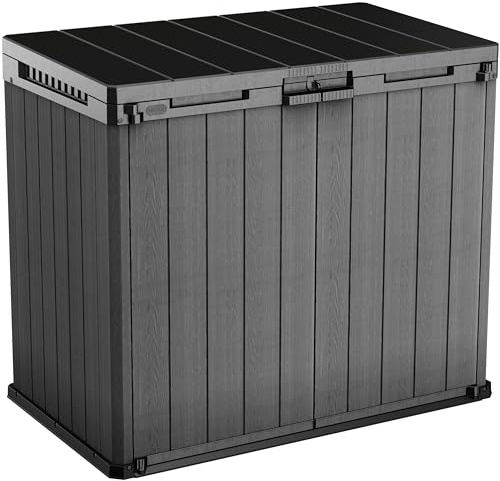 Keter Store-It-Out Darwin Storage Cabinet 1150 L - Weatherproof Wheelie Bin Box with Wood Look - Lockable Garden Box - for 2 x 240 L Bins - 141 x 82 x 118 cm Grey