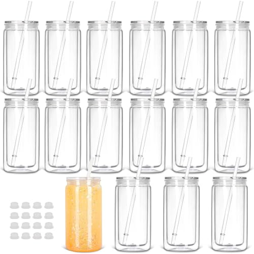 Tswofia 16 Oz Kunststoff-Schneekugel-Becher mit Deckel und Strohhalm, 16er-Pack Doppelwand vorgebohrte Kunststoff-Einmachglas-Becher Kann für Schneekugel Glitzer DIY Geschenk (klar)