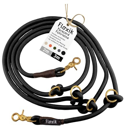 Floxik Hundeleine Paracord 3m Schwarz | Führleine für mittlere & große Hunde | Wetterfest & Pflegeleicht | Flexibel verstellbar Dank cleverer Knotentechnik | Hohe Reißfestigkeit | ø11mm