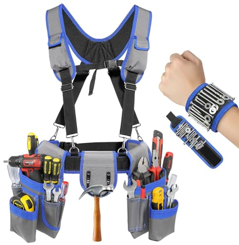 Tool belt with Suspenders, Magnetic Wristband for Tools,Multi-Functional Adjustable Waist Tool Belt, Tool Belt Pouches, Electrician Framer Belt with Suspenders,Men Women Carpenter Tool Belts,Blue-Grey