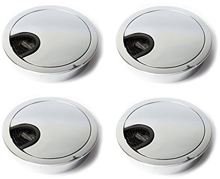 sossai® Desk Cable Grommet/Cable Outlet/Cord Hole Cover Plate with Tidy Brush for Desks, Offices & Worktops | Set of 4 | KDM1-CH | Design: Chrome | Diameter: 80 mm | Material: Metal