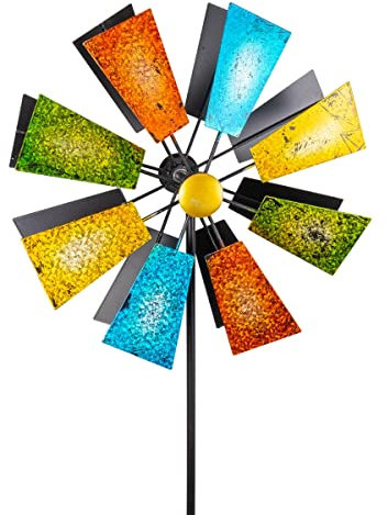 CIM Metall Windrad - Doppelwindrad Glitter – Gesamthöhe: 127cm, Windrad-Durchmesser: 37cm – Gartendekoration – inkl. 2-zackiger Bodenverankerung
