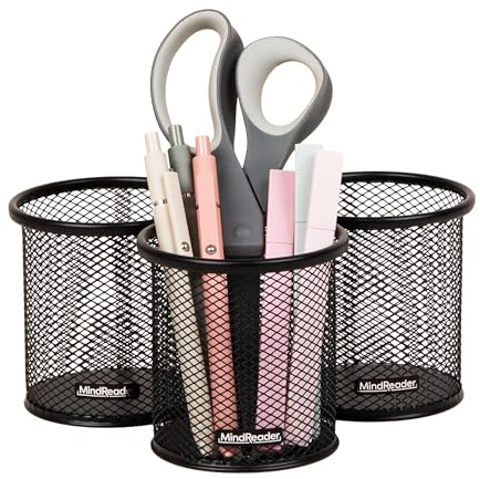 Mind Reader Pen and Accessories Holder, Desktop Organizer, Office, Metal Mesh, 3.5 L x 3.5 W x 3.75 H, Set of 3, Black