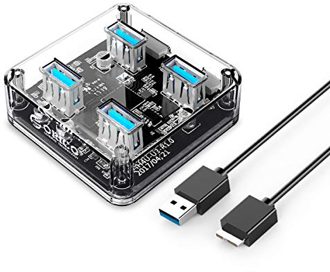 ORICO USB3.0 4 Puerto Mini Superspeed Transparente de 5Gbps-0.3M Soporte de Cable Función OTG y Puerto de alimentación Externo Reservado para MacBook iMac PC/Windows/Linux