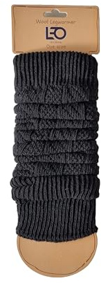 Leo Design Natürliche Lammwolle, Damen-Beinstulpen, Mischung aus Lammwolle und Polyamid, Zopfstrick, Beinwärmer, Knöchelwärmer, Weihnachten, luxuriöser kalter Winter/warme Beine, Schwarz und
