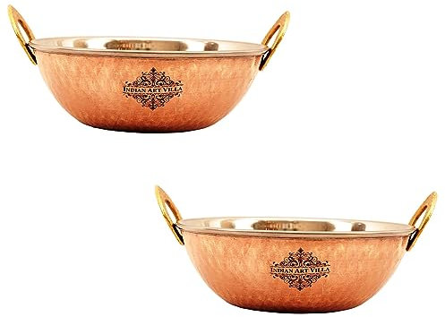 Indian Art Villa Lot de 2 bols en acier et cuivre martelé pour kadhai, wok, plats de service, vaisselle et service - Volume : 500 ml
