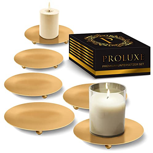 PROLUXE ® Kerzenhalter Gold 6tlg Design - Kerzenständer aus hochwertigem Metall - Kerzenuntersetzer - Premium Qualität Kerzen Deko - 6er Set Kerzenteller - Geschenkartikel
