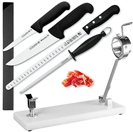 Juego Profesional de Soporte Jamonero Plegable en Acero Inoxidable y Cuchillos 3 Claveles, Funda y Chaira (MBLANC Blanco)