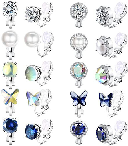 JeweBella 10 Paar Ohrclips Damen Ohne Ohrlöcher Perlen Schmetterling Farbiger Zirkon Kristallen Ohrringe Mädchen Kinder Clip Ohrringe für Mädchen Ohne Ohrlöcher Fake Ohringsets Gold Silber