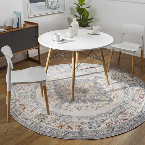 Livabliss Casablanca Vintage Teppich groß - Orientalischer Teppich Wohnzimmer 160 cm, Esszimmer, Schlafzimmer - Boho Kurzflor Teppiche für einfache Pflege - Taupe, Blau und Grau