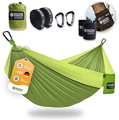 NATURBUMMLER Hängematte Outdoor [Tree Protec+] mit Baumschutz & Befestigung – 300x170cm für 1–2 Personen – Ultraleicht & wetterfest – doppellagige Camping Hängematte für Outdoor Garten (Naturgrün)