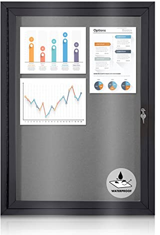 EVERSUPPLY Enclosed Bulletin Board Outdoor Noticeboard with Locking Door, Weather-Resistant, Grey Felt, Black Aluminum Frame, 36 x 24 in