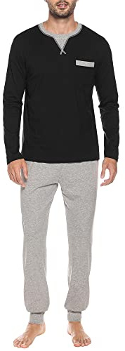 Winovia Herren Schlafanzug Langarm Baumwolle – Pyjama Set mit Rundhals & Bündchen – Bequemer Zweiteiler Loungewear Hausanzug Nachtwäsche mit Kontrastdetails