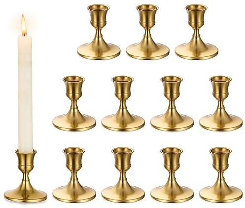 Romadedi Kerzenhalter für Stabkerzen aus Metall, 12er-Set, Gold | Kompaktes 12er-Set; Goldfarbenes Metall; Für Hochzeitstafeln, Adventsdeko und festliche Tischarrangements