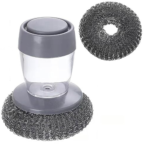 ZLONGYAN wire wool with soap dispenser, steel wool scrubber for cleaning dishes, pots, pans, grills, sinks, 2 velvet dish brushes, stainless steel cleaner with replaceable brush head