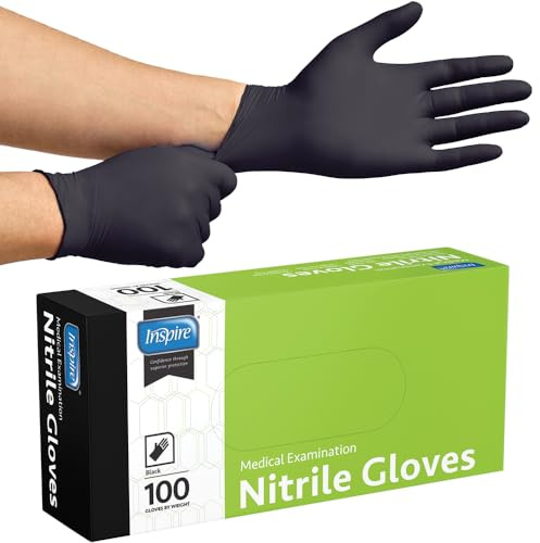 Inspire Black Nitrile Disposable Gloves | 4.5 Nitrile Disposable Safety Medical Cleaning Gloves (Black - Box Of 100, Large)