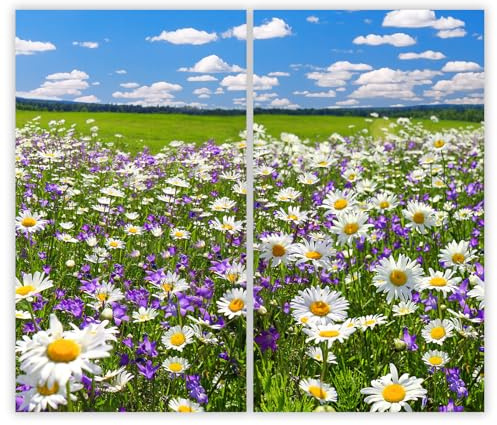 SMTDeco Herdabdeckplatte 2×30×52 cm – Mehr Arbeitsfläche, Spritzschutz & Schneidebrett – ESG Glas, kratzfest – für Induktion/Ceranfeld – 2-teilig, Motiv Blumen Wiese Weiss
