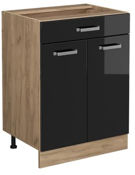 Vicco Küchenunterschrank R-Line, Schwarz Hochglanz, 60 cm | 1 Schublade · Ohne Arbeitsplatte · Höhenverstellbare Füße · 2 Türen · ✓ Leichter Zugriff
