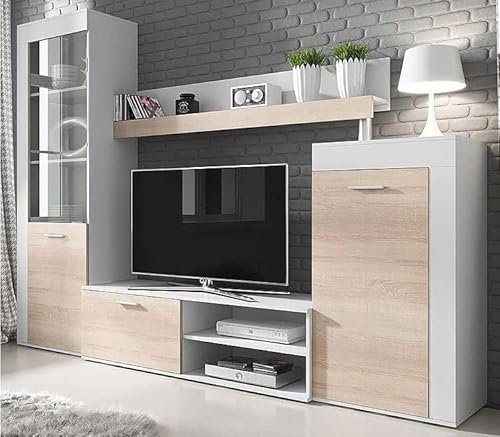 ABIKSMEBLE Parete Attrezzata da Soggiorno RITA - Set Di Mobili da Soggiorno - Parete Attrezzata Moderna - Pensile da Soggiorno - Mobili da Soggiorno Moderni - Bianco Opaco, Sonoma