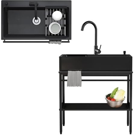 Cocina Fregadero Exterior Jardin Camper Negro, Fregadero Portatil Autonomo Fregadero Industrial, Fregadero Multifuncional Con Grifos, Stainless Steel Sink Single Bowl
