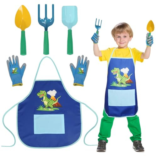TGFIX 5tlg Gartengeräte für Kinder Gartenwerkzeuge Set Jungen mit Dinosaurier Gartenschürze Gartenhandschuhe Gartenschaufel Rechen Gartenspielzeug Gartenset für Garten Strand Draußen 3-6 Jahre