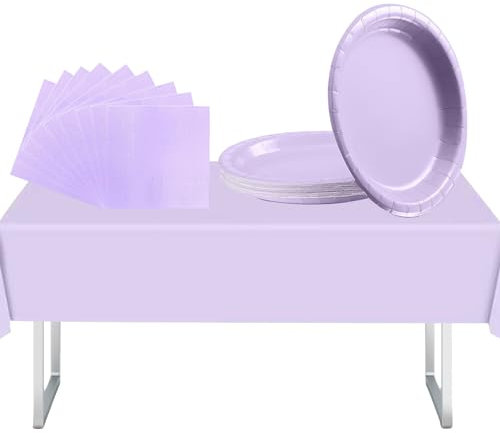 Ensemble de vaisselle de fête 37 pièces violet pâle avec nappes en plastique violettes, assiettes et serviettes jetables pour fête d'anniversaire d'enfants et adultes