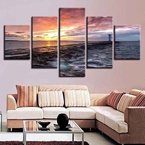 Leinwandbild 5-Teilig Windmühle Leuchtturm Sonnenuntergang 150 X 100 Cm Bild Wanddeko Wand Bild Kunstdruck Deko Wohnzimmer Wohnzimmer Schlafzimmer Büro Hotel Wandkunst Wandbild Poster Foto -5Y9Q+N9C5-
