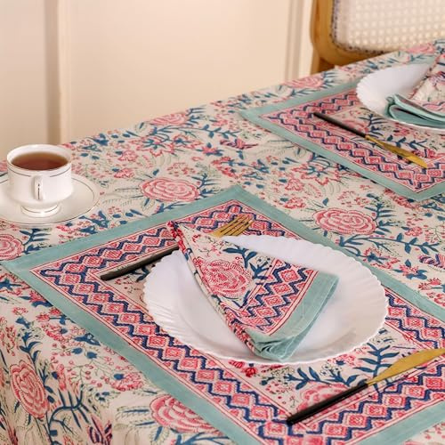 DecorAvenue Set di 4 tovaglioli e 4 tovagliette stampate a mano, design squisito, tessuto di cotone di alta qualità, perfetto per sala da pranzo e decorazione, biancheria da tavolo da pranzo