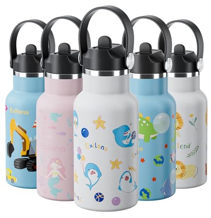 Exllena Edelstahl Trinkflasche für Kinder, 350ML auslaufsichere Thermosflasche mit Strohhalm und Griff, BPA-freie Isolierflasche für Kindergarten und Schule (Delfin)