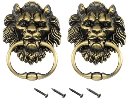 sourcing map 2 Pcs Lion Head Pulls Knob, 6 Inch Zinc Alloy Vintage Lion Door Handle Decorative Front Door Knob Ring Pull Handle for Gate Cabinets Drawers, Bronze