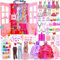 130 Pcs Doll Closet with Clothes and Accessories for 11.5 inch Dolls Storage Including Wardrobe Shoes Rack 15 Pack Complete Clothes Shoes Hangers Necklace Backpack and Other Accessories (No Doll)