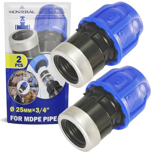 2 Pezzi Raccordo Manicotto Ø 25 mm x 3/4″ con Filetto Femmina Rinforzata | Anello in Acciaio Zincato in Polipropilene PP per il Collegamento di Tubo Polietilene PE - MONTERAL