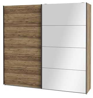 Forte HAYATO Schrank 220, Kleiderschrank mit Spiegel, Industrial Schwebetürenschrank, 2-türig, Holzwerkstoff, Alpenfichte Holzdekor/Schwarz, 220,1 cm breit x 210,5 cm hoch x 61,2 cm tief