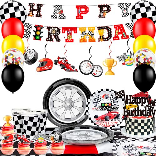 Race Car Birthday Decorations, 10 Guests Race Car Birthday Party Decorations&Race Car Birthday Party Tableware Set - Race Car Birthday Plates Napkins Hanging Swirl etc Racing Car Party Supplies
