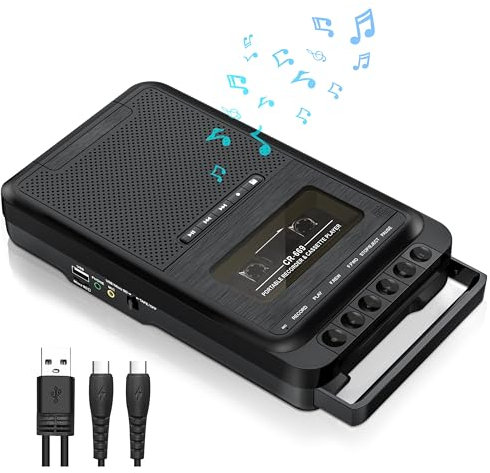 Cassette Player Converter, Portable Cassette to MP3 Music via U Disk/SD Card or PC, Record to Cassettes/USB/SD Card via Mic,Cassette Tape Player with Headphone Jack,Retractable Handle (Black)