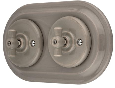 Unterputz Porzellan Retro Rotary Schalter, 2-fach, All-in-One, SET Serie PR1 graubeige