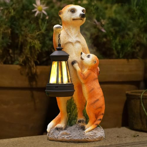 XEERUN Solar Gartenornamente Außenleuchten, Erdmännchen Gartenstatue, Mutter und Baby Erdmännchen Skulptur mit Solarlaterne, Tierstatue für Rasen, Terrasse, Veranda