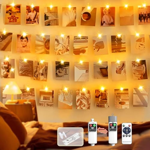 YIFMOO 6 m, 60 LED-fotoklämmor, ljuskedja, fotoljuskedja, uppladdningsbara batteridrivna med 60 klämmor, 8 lägen bilder, hängande ljuskedjor med timer, ljuskedja för inomhus, jul,