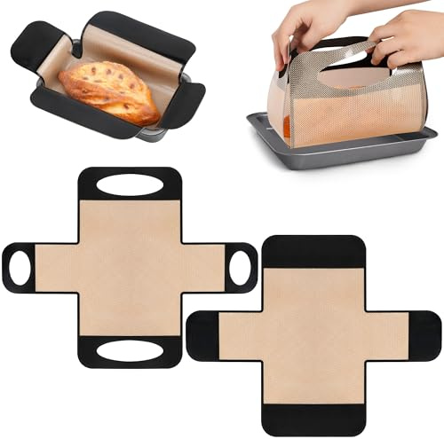 2Pcs Silicone Bread Sling, Reusable Bread Loaf Pan Liner, Non-Stick and Heat-Resistant & BPA-Free Baking Mat Transfer Mat with 4 Long Handles, Fits 9x5 or 1.5lb Pans, Easy to Lift and Clean